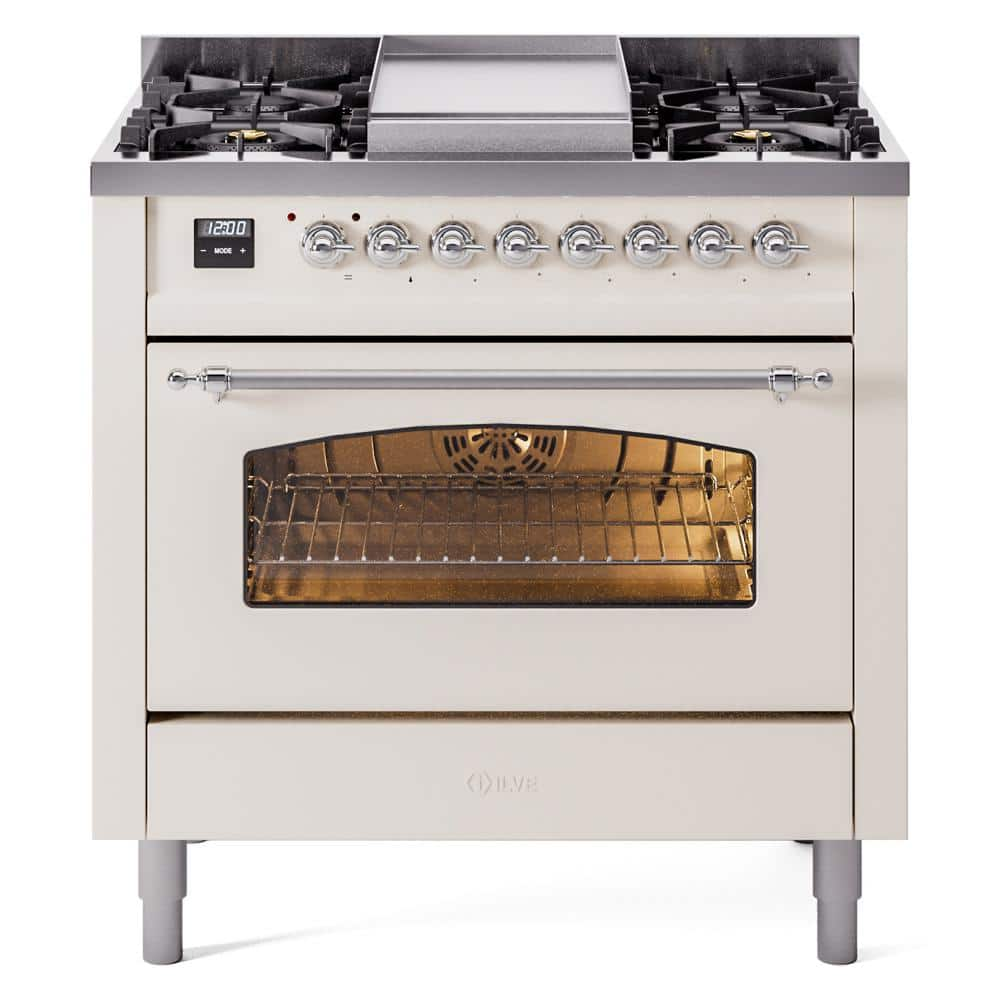 Nostalgie II 36 in. 6 Burner plus Griddle Freestanding Dual Fuel Natural Gas Range in Antique White with Chrome Trim -  ILVE, UP36FNMPAWC