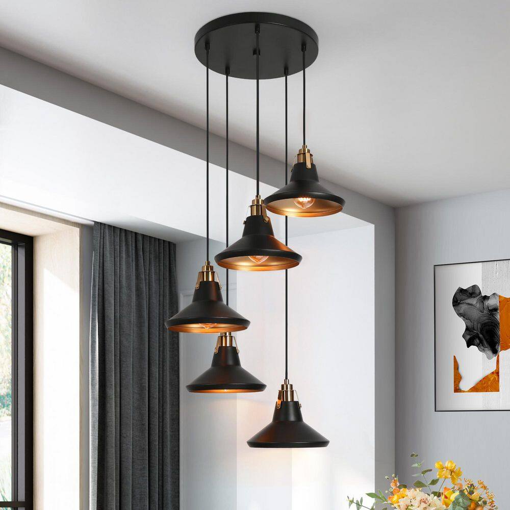 Tencanonia Industrial 5-light Flat Black Cluster Chandelier, Modern Pendant Light with Metal Barn Shade for Living Room price history on PriceWatchPro