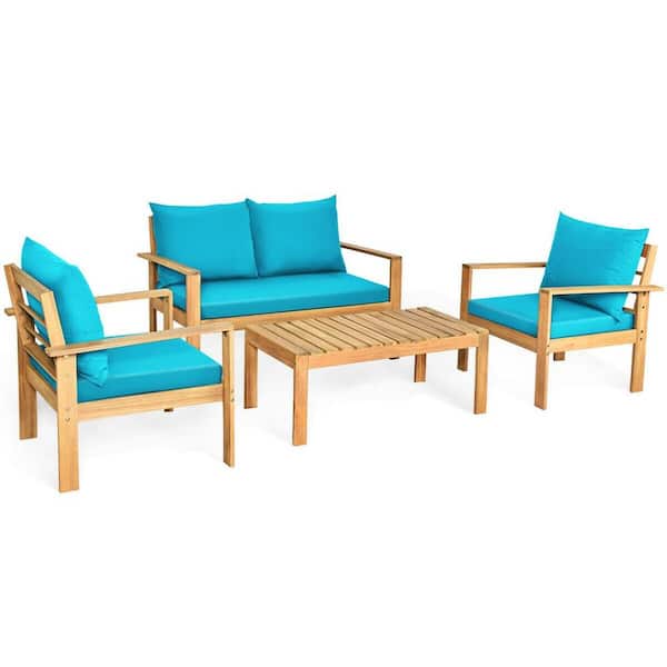ANGELES HOME 4-Piece Wood Outdoor Patio Conversation Sofa Set with Turquoise Cushions
