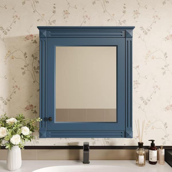 24 in. W x 28 in. H Blue Rectangular Wooden Medicine Cabinet with Mirror and Adjustable Shelf