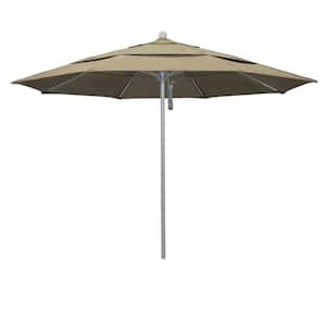 11 ft. Gray Woodgrain Aluminum Commercial Market Patio Umbrella FiberglassRibs and PulleyLift in Heather Beige Sunbrella