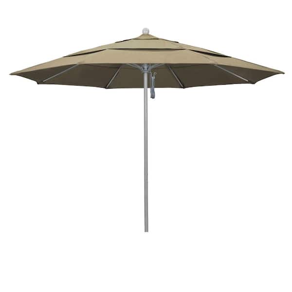 California Umbrella 11 ft. Gray Woodgrain Aluminum Commercial Market Patio Umbrella FiberglassRibs and PulleyLift in Heather Beige Sunbrella