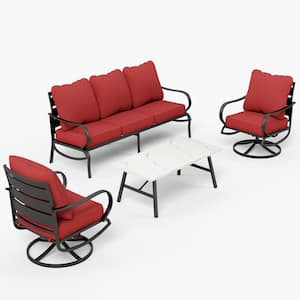 Metal 5 Seat 4-Piece Steel Outdoor Patio Conversation Set With Swivel Chairs Red Cushions Marble Pattern Table