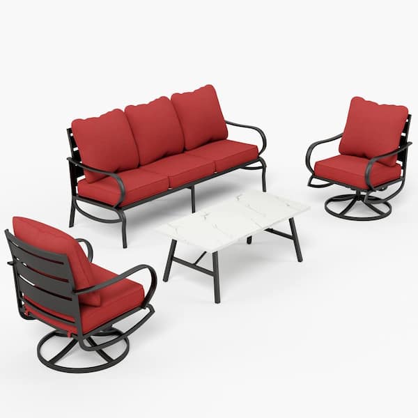 PHI VILLA Metal 5 Seat 4-Piece Steel Outdoor Patio Conversation Set With Swivel Chairs Red Cushions Marble Pattern Table