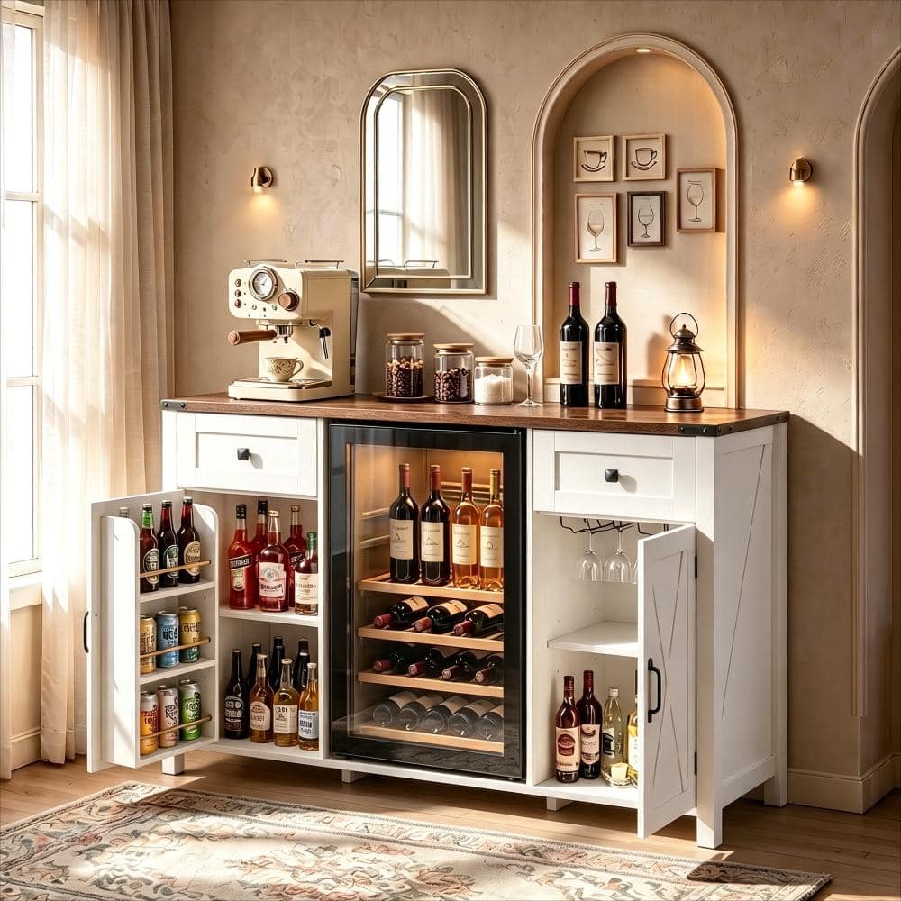 Nestfair White Wood 53.2 in. W Farmhouse Sideboards Coffee Bar