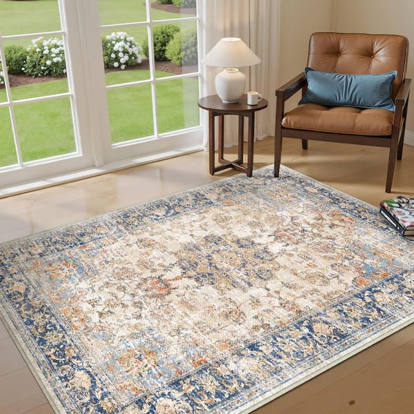 Tabelia Blue/Orange 3 ft. x 5 ft. Vintage Medallion Distressed Area Rug