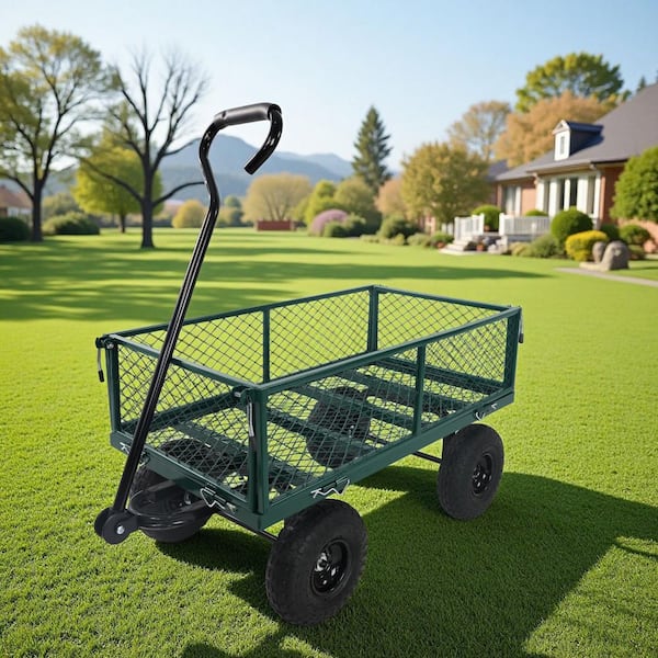 3.5 Cubic Foot Steel Outdoor Garden Cart, Solid Wheel Utility Cart Garden Cart for Garden and Lawn, Green