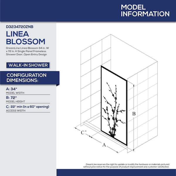 Linea Blossom 34 in. W x 72 in. H Frameless Fixed Shower Screen in Matte Black without Handle