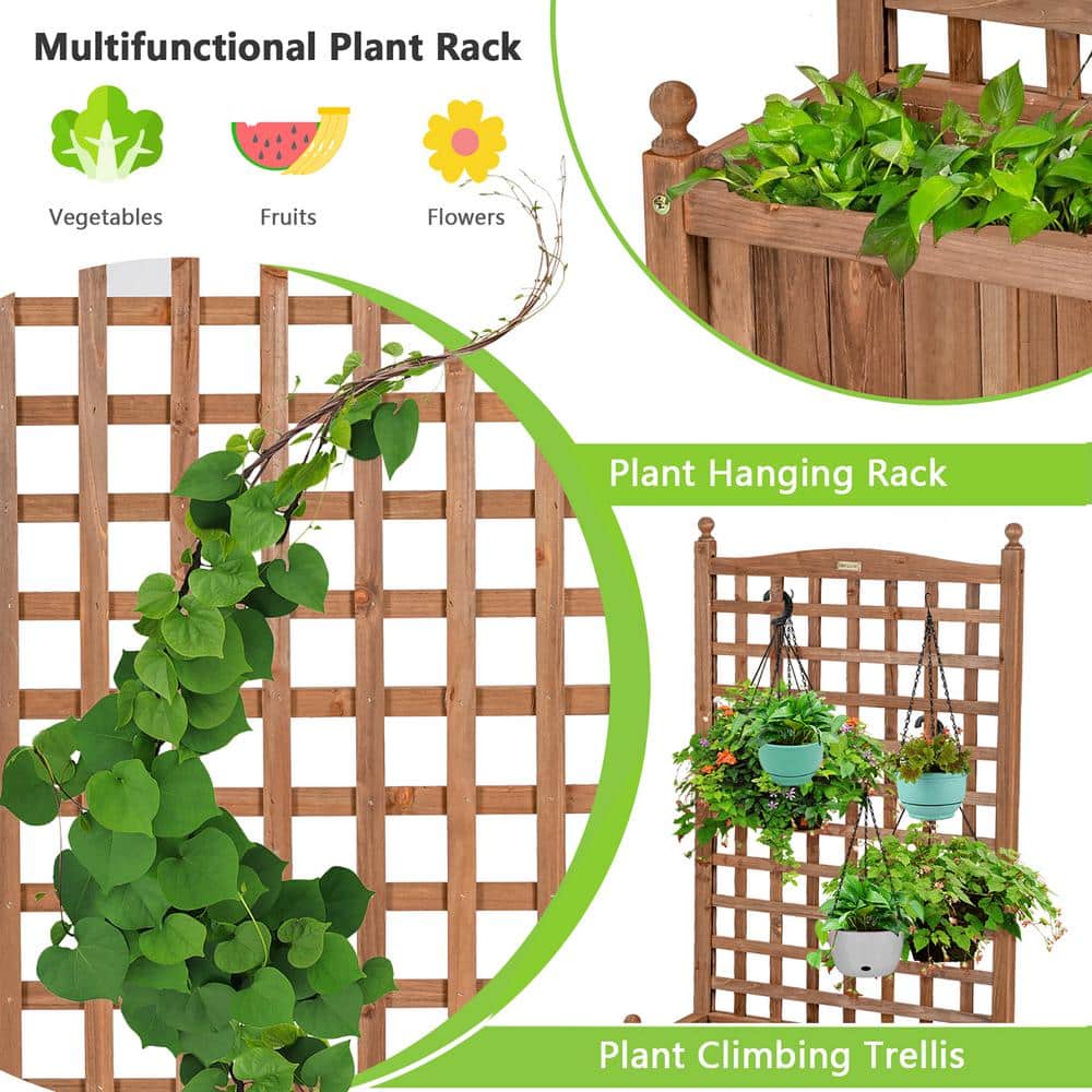 50'' Natural Fir Wood Planter Box with Trellis and Wheels