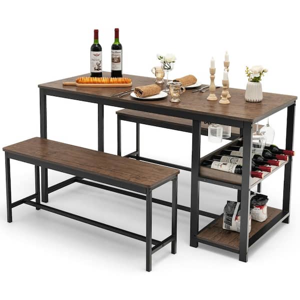 Costway 3-Pcs Dining Table (Set for 4) Kitchen Dining Room Table and 2-Benches W/Wine Rack in Coffee, Black
