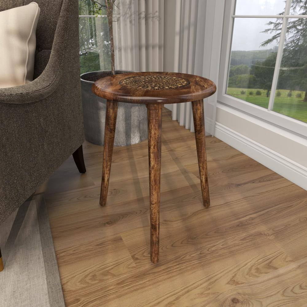 Handcrafted Dark Brown Mango Wood Floral Carved Round Accent Table
