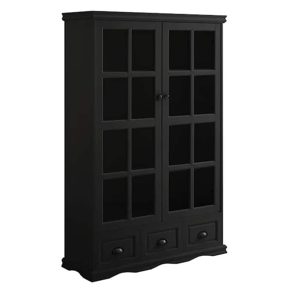 Unbranded 40 in. W x 14 in. D x 60 in. H Black Linen Cabinet with Tempered Glass Doors and 3-Drawers Display Cabinet Curio Cabinet