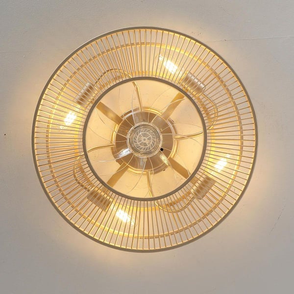 20 in. Indoor Bamboo Flush Mount Gold Caged Boho Ceiling Fan With Light and Remote Control 6-Speed Reversible Motor