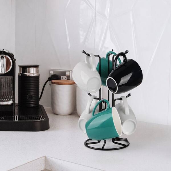 Metal Mug Tree Coffee Cup Holder with 6 Hooks for Mugs up to 15 oz, Countertop Standing Rack, Black