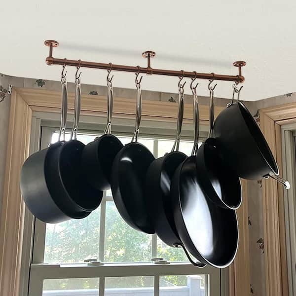 Wall Mounted Antique Copper Hanging Pots and Pans Rack with Hooks, Stainless Steel Utensil Hanging Rack, Space-Saving