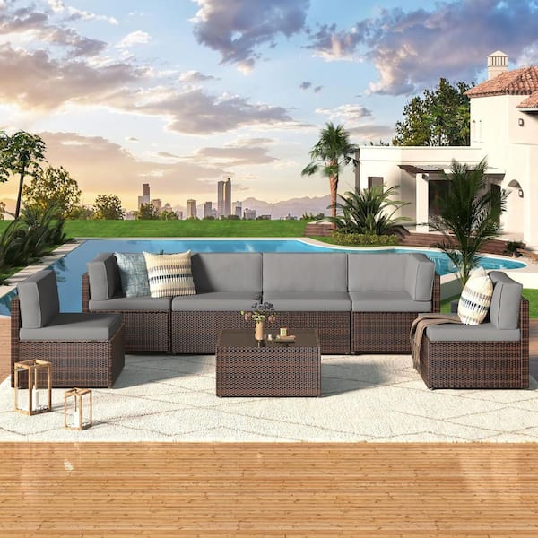 AECOJOY Brown 7-Piece Patio Rattan Wicker Sofa Set Outdoor Sectional Conversation Furniture Chair Set with Grey Cushion