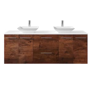 Lux 60 in. W x 21 in. D x 26 in. H Floating Bath Vanity in Rosewood with White Tempered Glass Top