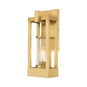 Ardenwood 16 in. 1-Light Satin Brass Outdoor Hardwired Wall Lantern Sconce with No Bulbs Included