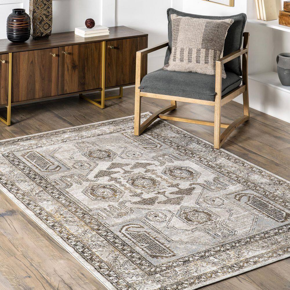 Gray and Beige 5' x 7' Traditional Washable Area Rug