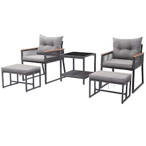 Black 5-Piece Wicker Patio Conversation Set with Gray Cushions