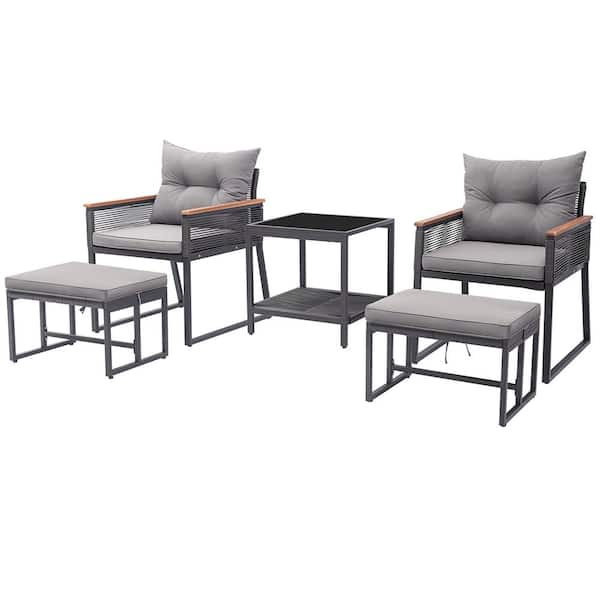 Costway Black 5-Piece Wicker Patio Conversation Set with Gray Cushions