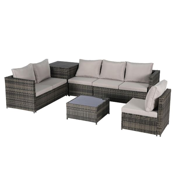 6-Piece Wicker Outdoor Sectional Sofa Set with Light Gray Cushions, Coffee Table and Storage Box