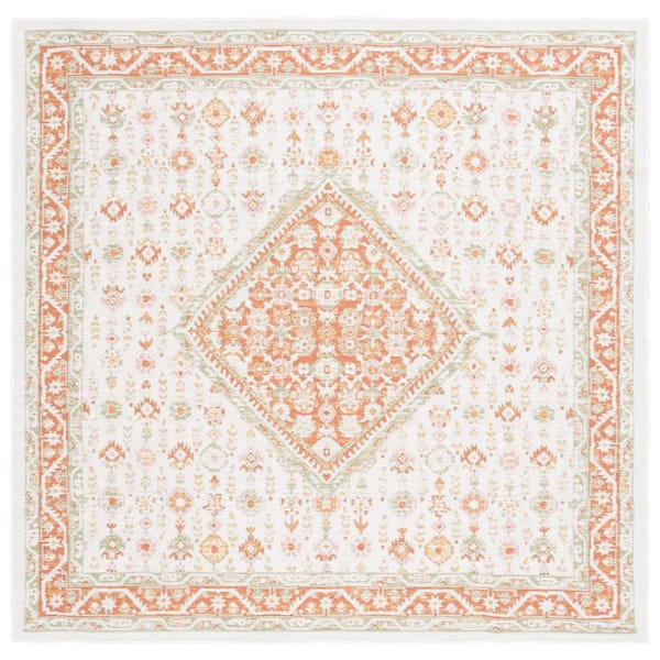 SAFAVIEH Sunrise Ivory/Rust Sage 7 ft. x 7 ft. Floral Border Reversible Indoor/Outdoor Square Area Rug