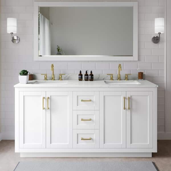 Wyndham Collection Miranda 66 in. W x 22 in. D x 33.75 in. H Double Bath Vanity in White with Giotto Quartz Top and 58 in. Mirror