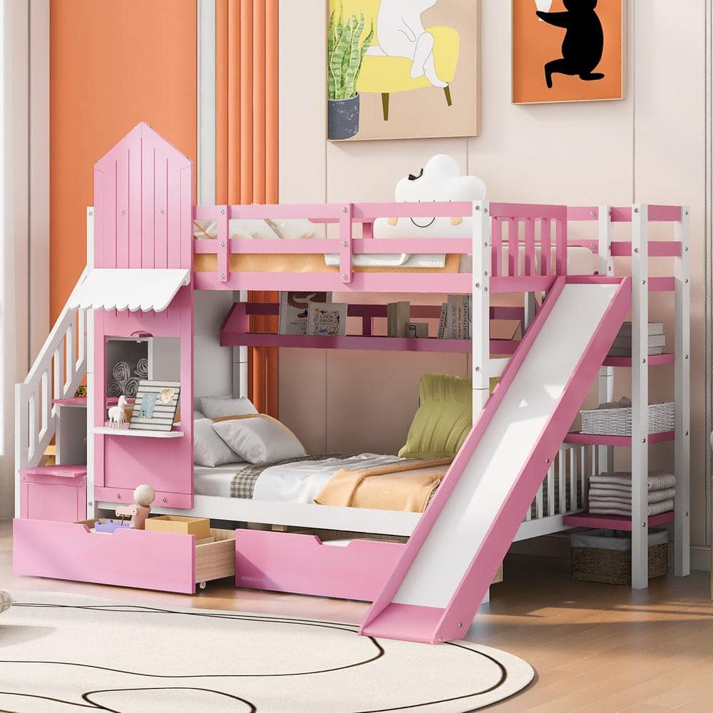 Polibi Pink Twin-Over-Twin Castle Style Bunk Bed with 2-Drawers 3 ...