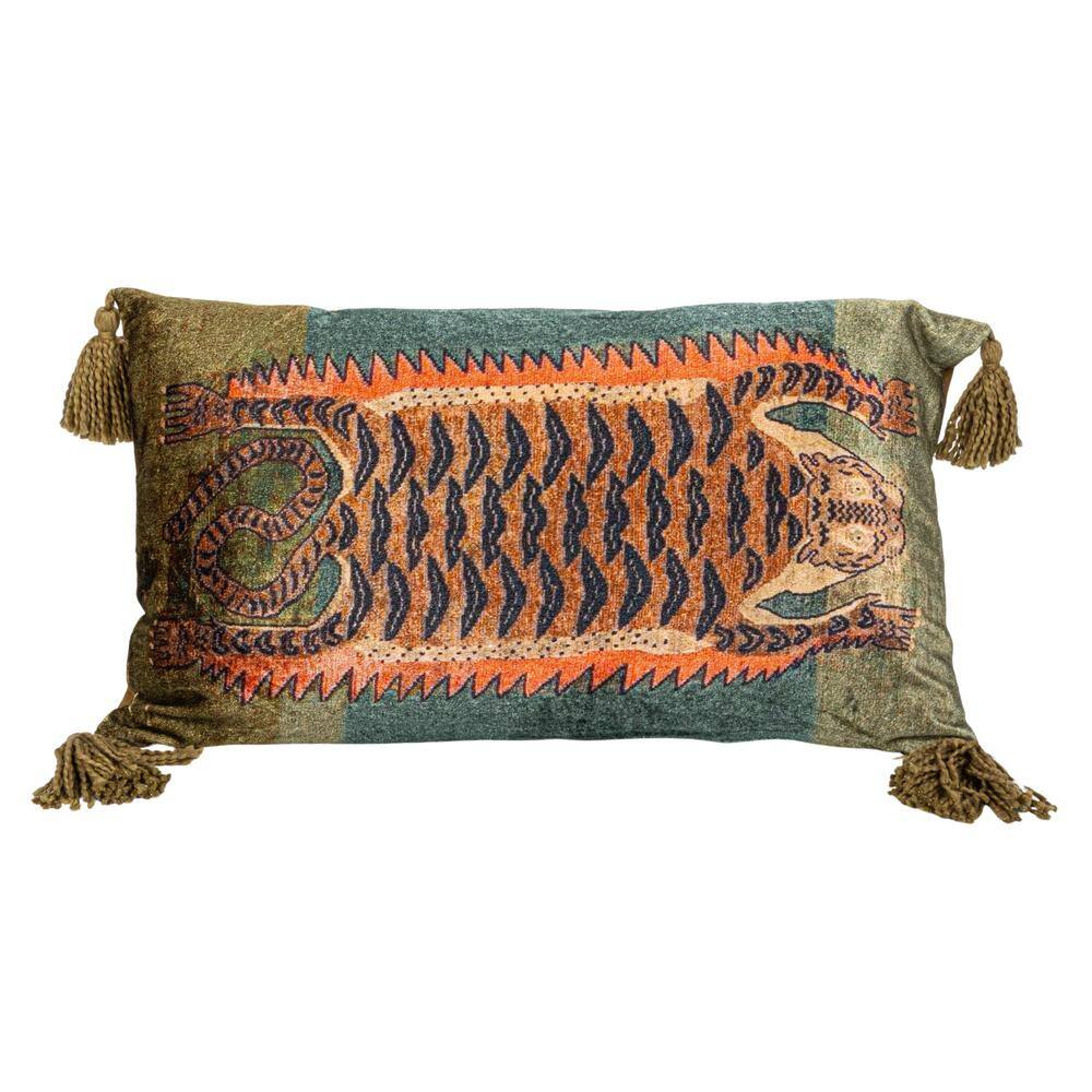 Multicolor Cotton Velvet Tiger Lumbar Pillow with Tassels