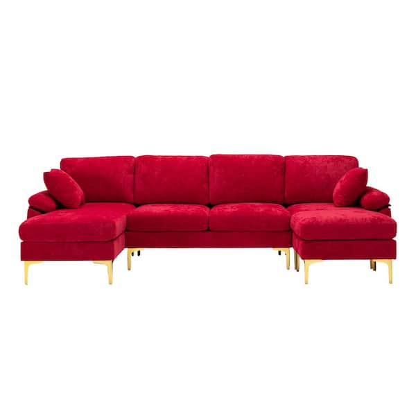 ATHMILE 114.42 in. W Flared Arm 4-Piece U Shaped Polyester Sectional Sofa in Red