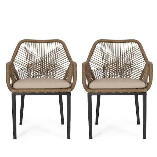 2-Piece Brown Outdoor Wicker Dining Chair with Beige Cushions, Weather Resistant