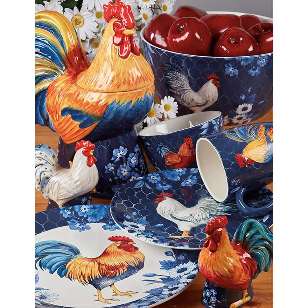 Indigo Rooster Ceramic 16-Piece Dinnerware Set, Service for 4