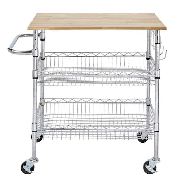 Stylewell Gatefield Chrome Kitchen Cart With Natural Wood Top H The Home Depot