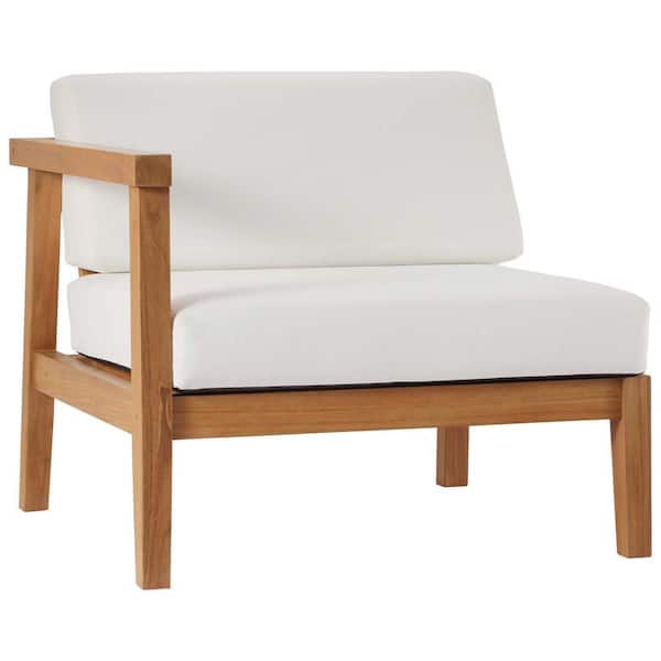 MODWAY Bayport Natural Teak Left-Arm Outdoor Lounge Chair with White Cushions