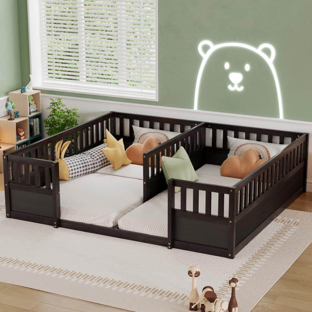 Espresso Dark Wood Twin Size Platform Bed Floor Bed with Safety Guardrails