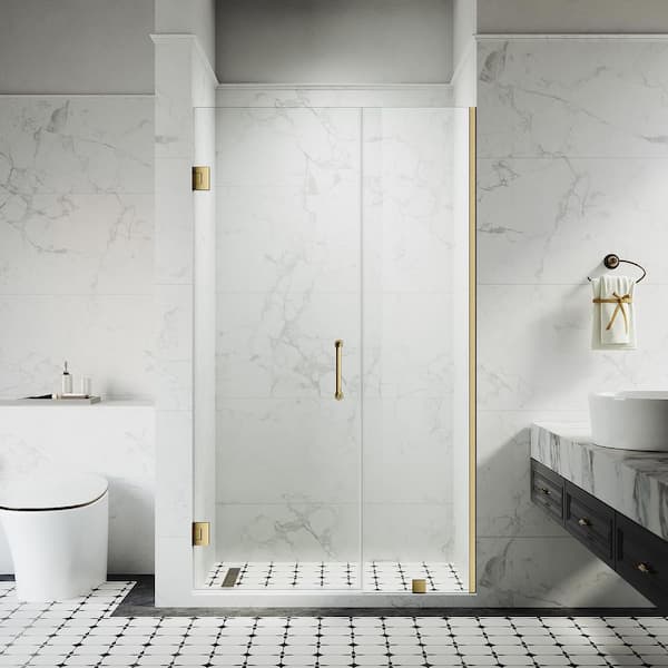 UKH07-B 45-1/8 to 46 in. W x 80 in. H Hinged Frameless Shower Door in Satin Brass, EnduroShield 3/8 in. SGCC Clear Glass