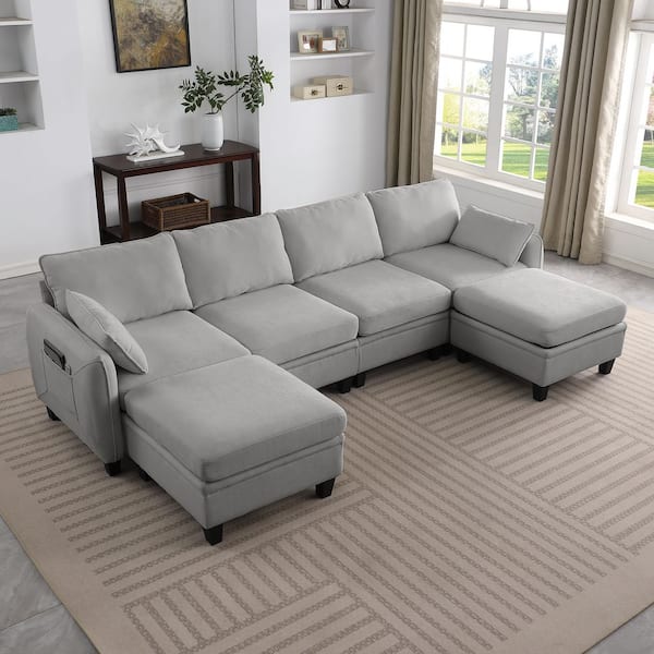 Ximena Modern 109.4 in. 6-Piece Chenille Modular Storage Sectional Sofa with Lift-Up Storage Ottomans in. Gray
