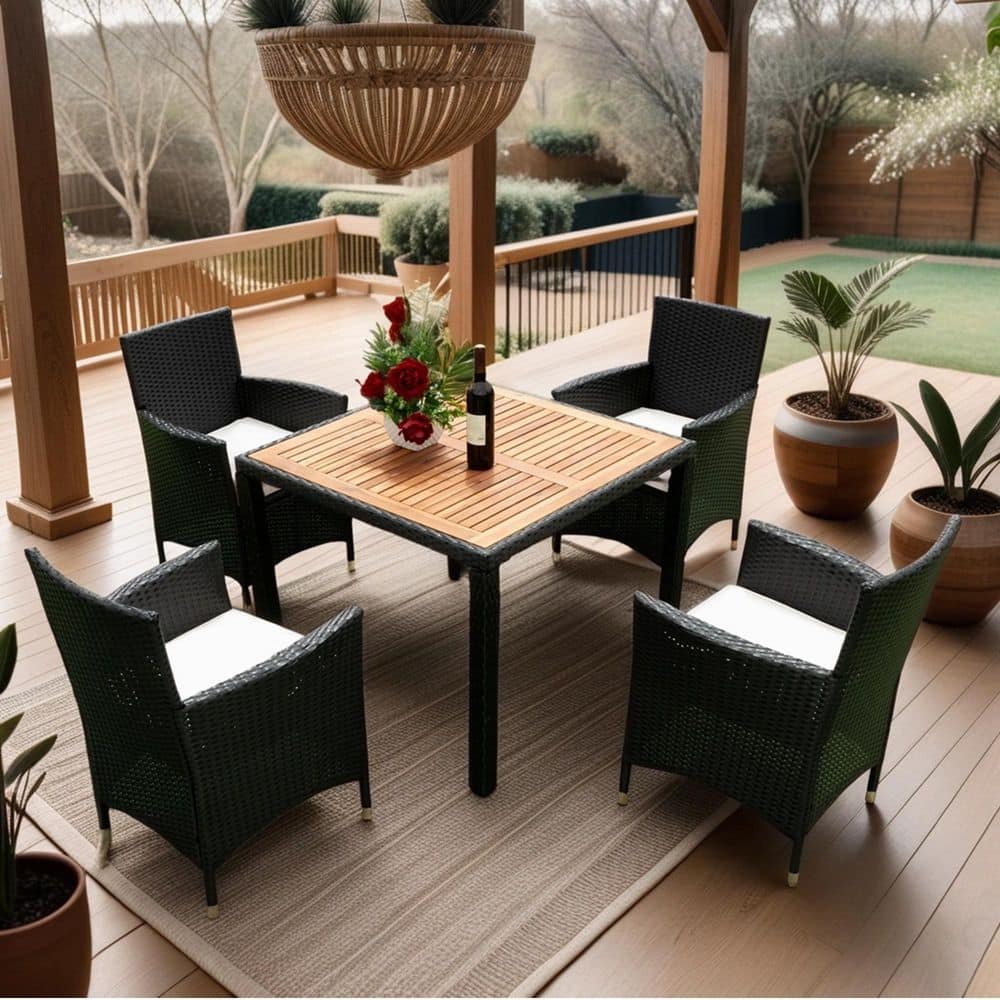 Black Wicker 5 piece Outdoor Patio Dining Chair with Beige Cushions and Din