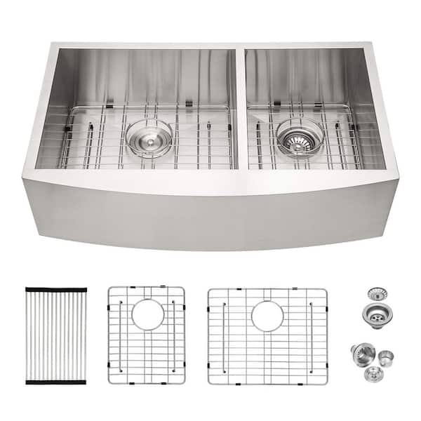 33 in. Farmhouse/Apron-Front Double Bowl (60/40) 16 Gauge Brushed Nickel Stainless Steel Kitchen Sink with Bottom Grids
