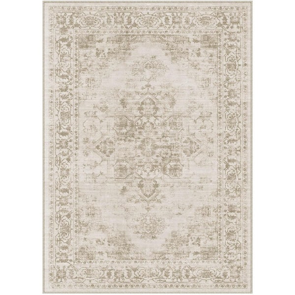 HaiiMeid Maria Taupe 5 ft. x 7 ft. Vintage Washable Medallion Distressed Area Rug