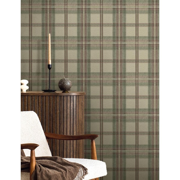 30.75 sq. ft. Clay & Sage Herringbone Plaid Premium Matte Non-Woven Paper Peel and Stick Wallpaper Roll