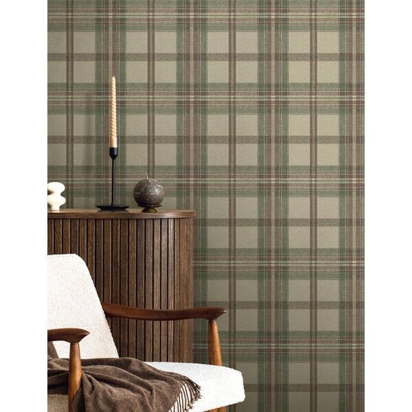30.75 sq. ft. Clay & Sage Herringbone Plaid Premium Matte Non-Woven Paper Peel and Stick Wallpaper Roll
