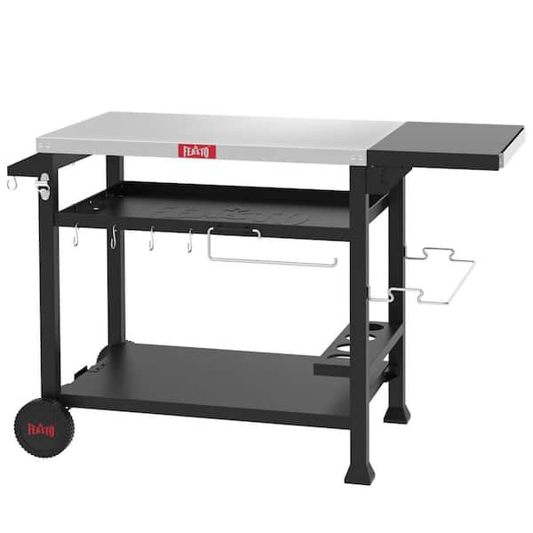 3-Shelf Stainless Steel Outdoor Food Prep Grill Cart Table with Foldable Side Table and 2-Wheels