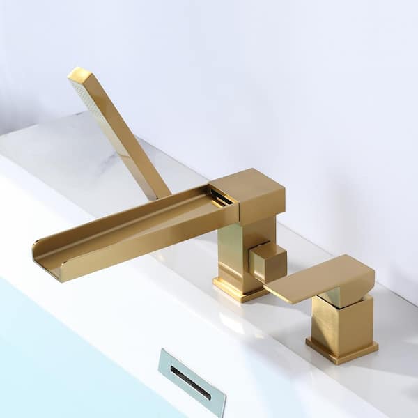 Brass Single-Handle Deck-Mount Roman Tub Faucet with 360° Swivel Waterfall Spout, Hand Shower with 59" Hose in Gold