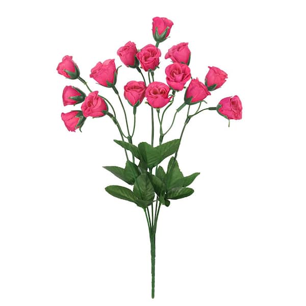 LIVING LUXURY 14 in. Hot Pink Artificial Mini Rose Bud Flower Stem Bush Bouquet (Set of 12)