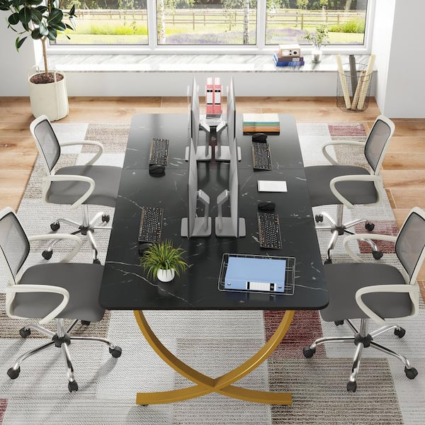 Halseey 63 in. Rectangular Black Wood Computer Desk with Gold Metal Legs, Modern Study Writing Table Conference Table