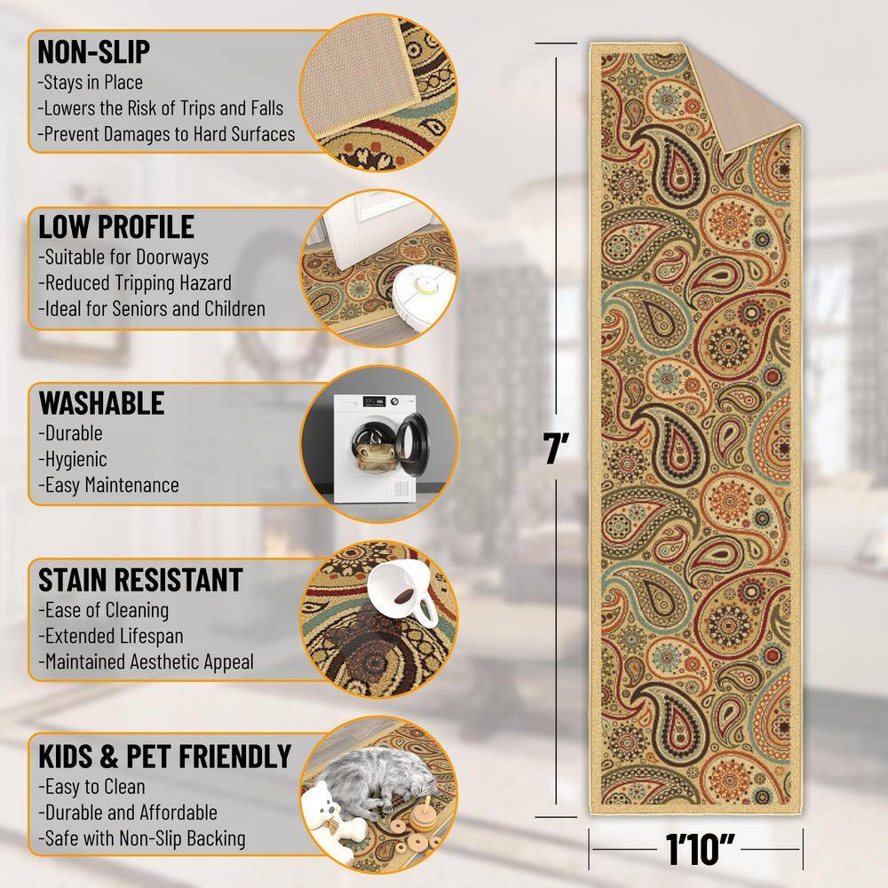 Contemporary Red and Beige Paisley Runner Rug with Non-Slip Backing