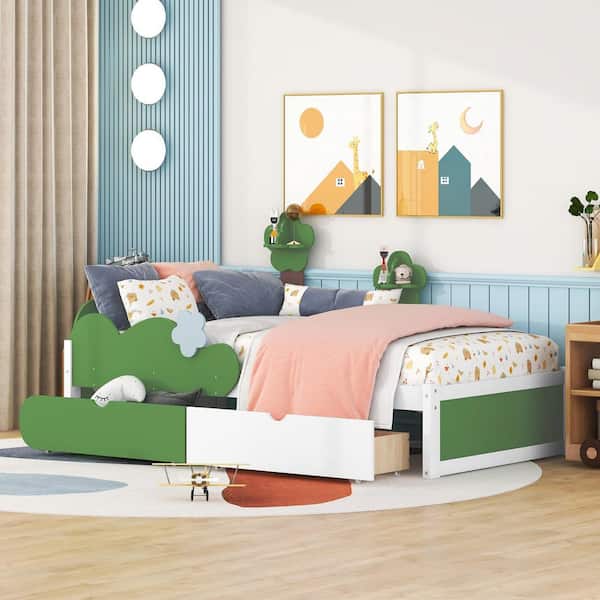 Harper & Bright Designs White and Green Twin Size Wood Platform Bed with Two Drawers, Grass Hill and Trees Decor
