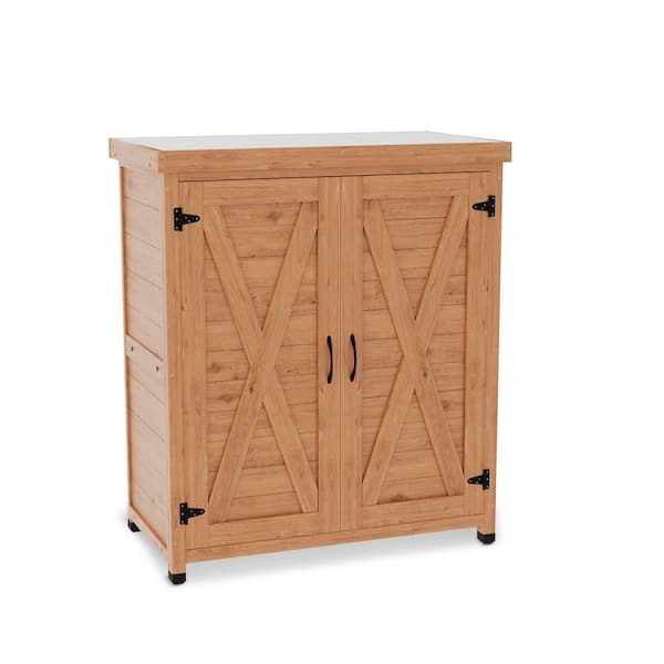 31 in. W x 17 in. D x 36 in. H Natural Wood Outdoor Storage Cabinet w/Metal Table Top Patio Planting Work Bench Table